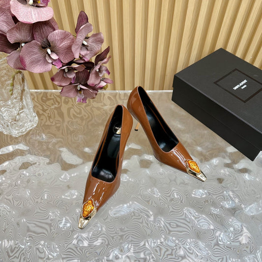 ORANGE GEM-STUDDED HIGH PUMPS IN BRONZE BROWN PATENT CALFSKIN - 35
