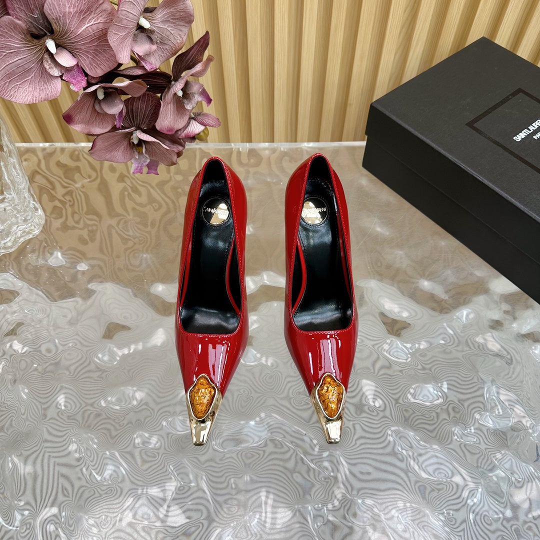 ORANGE GEM-STUDDED HIGH PUMPS IN RED PATENT CALFSKIN - 35