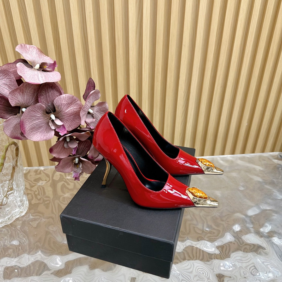ORANGE GEM-STUDDED HIGH PUMPS IN RED PATENT CALFSKIN - 35