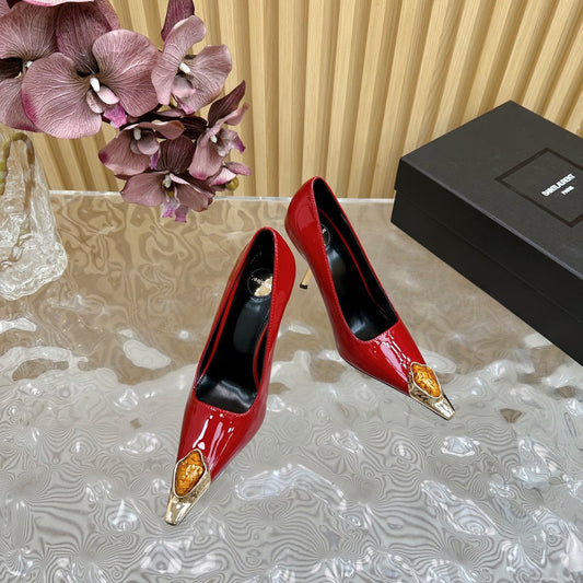 ORANGE GEM-STUDDED HIGH PUMPS IN RED PATENT CALFSKIN - 35