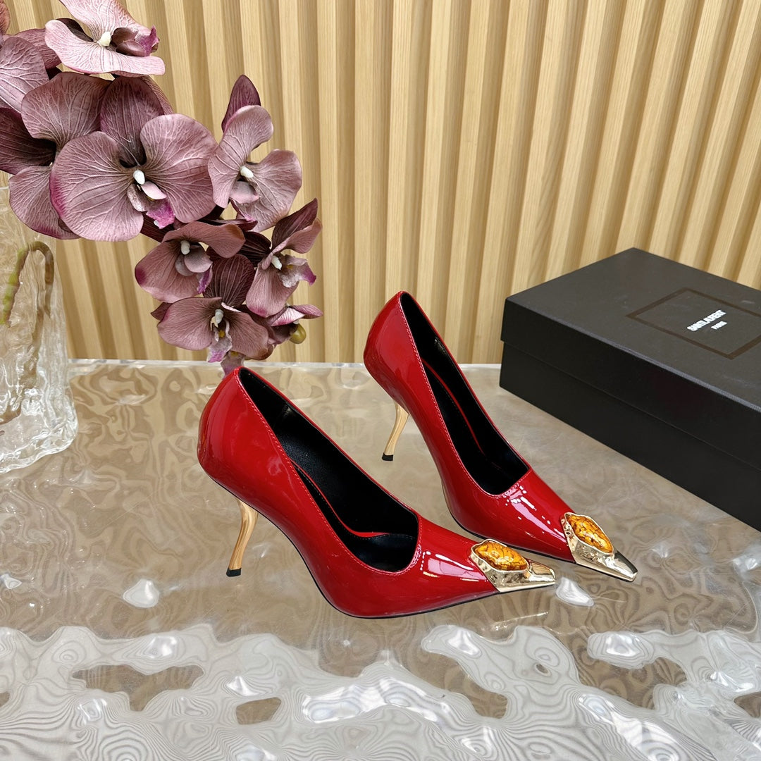 ORANGE GEM-STUDDED HIGH PUMPS IN RED PATENT CALFSKIN - 35