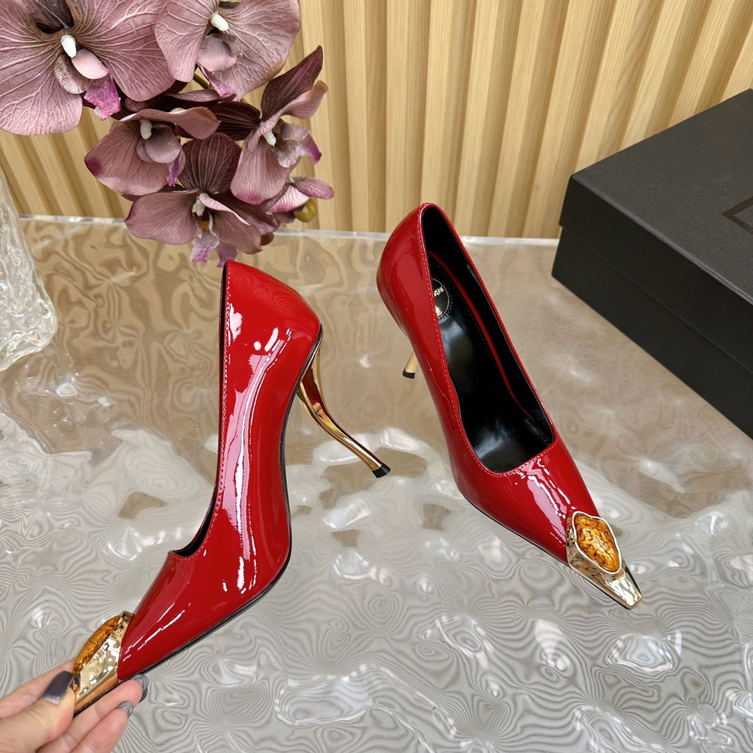 ORANGE GEM-STUDDED HIGH PUMPS IN RED PATENT CALFSKIN - 35