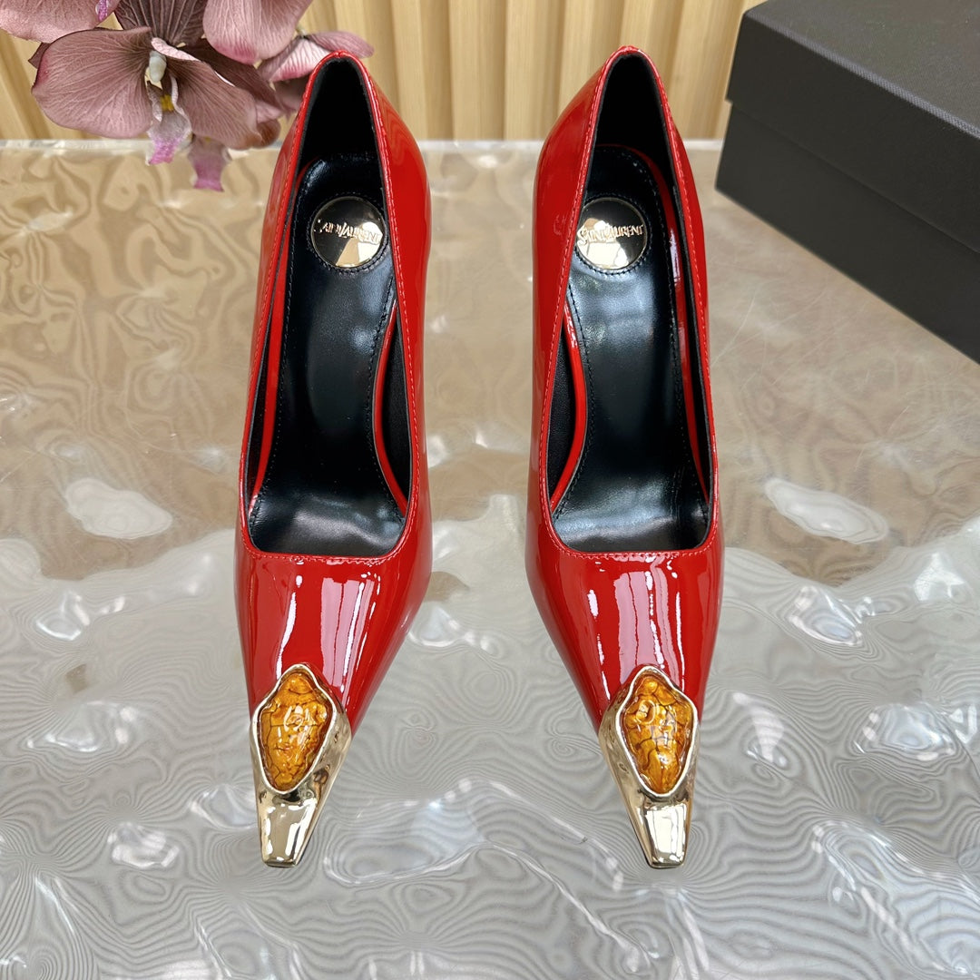 ORANGE GEM-STUDDED HIGH PUMPS IN RED PATENT CALFSKIN - 35