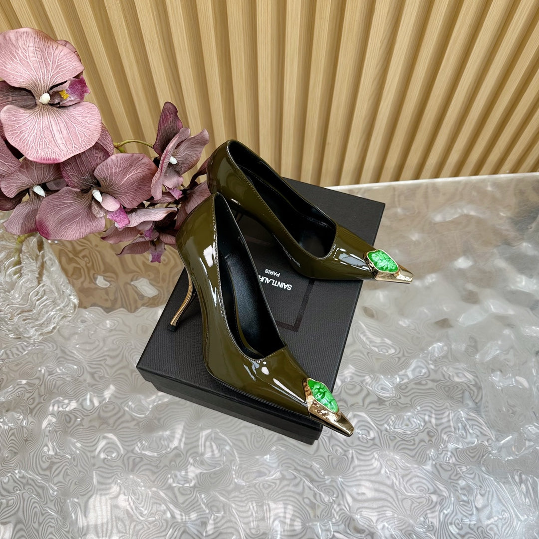 GREEN GEM-STUDDED HIGH PUMPS IN ARMY GREEN PATENT CALFSKIN - 35