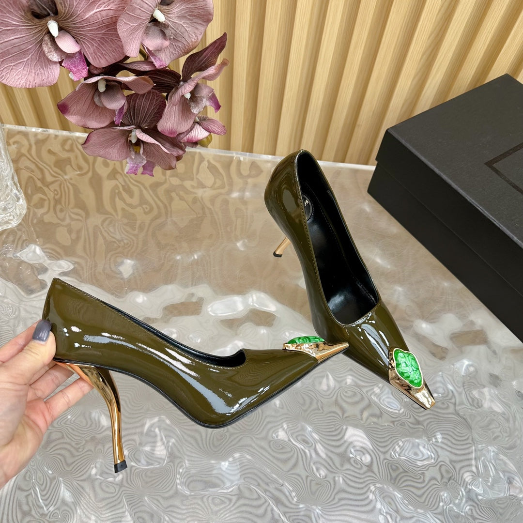 GREEN GEM-STUDDED HIGH PUMPS IN ARMY GREEN PATENT CALFSKIN - 35