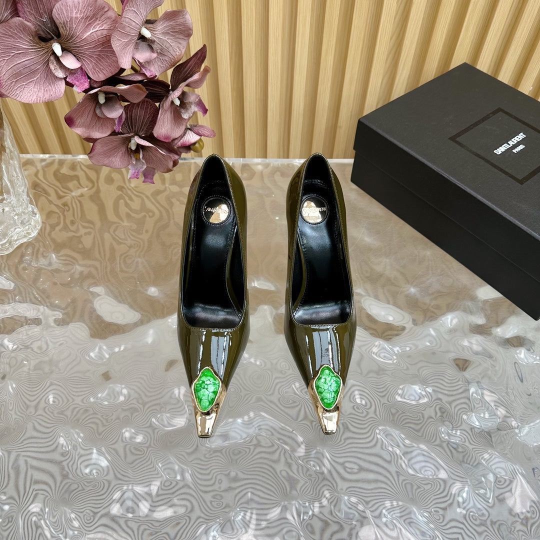GREEN GEM-STUDDED HIGH PUMPS IN ARMY GREEN PATENT CALFSKIN - 35