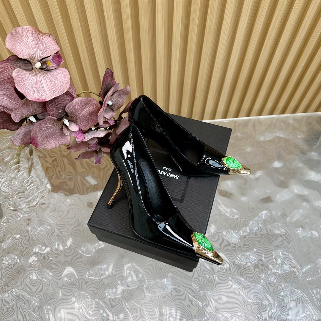 GREEN GEM-STUDDED HIGH PUMPS IN BLACK PATENT CALFSKIN - 35