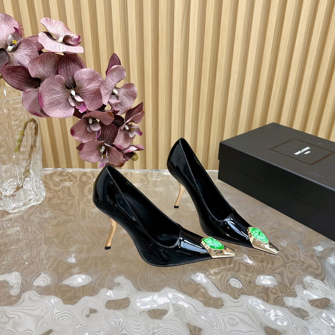 GREEN GEM-STUDDED HIGH PUMPS IN BLACK PATENT CALFSKIN - 35