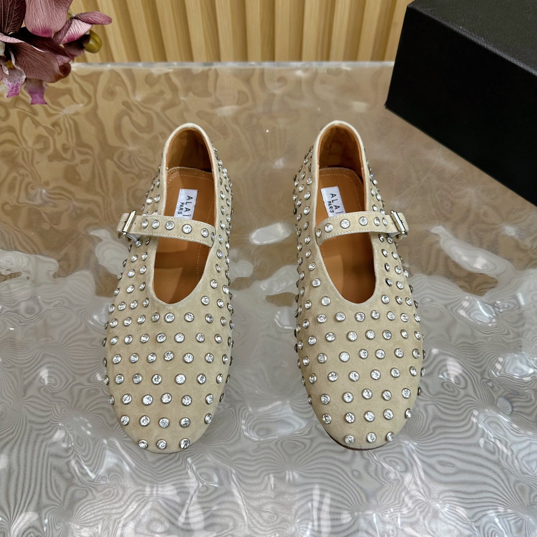 STRASS SUEDE BALLET FLATS WHITE - 35