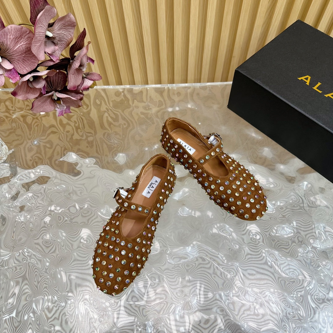 STRASS SUEDE BALLET FLATS CIDER BROWN - 35