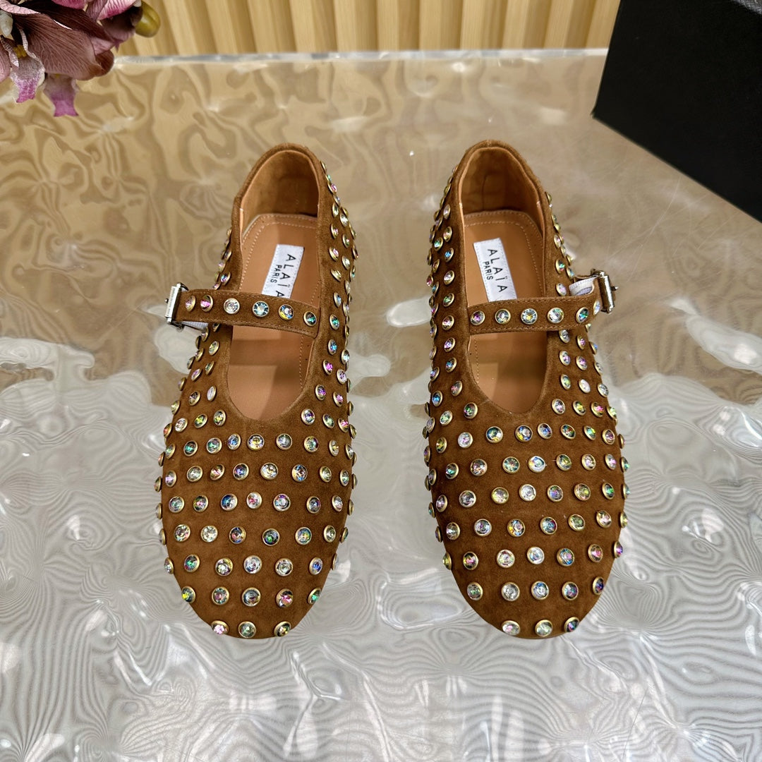 STRASS SUEDE BALLET FLATS CIDER BROWN - 35
