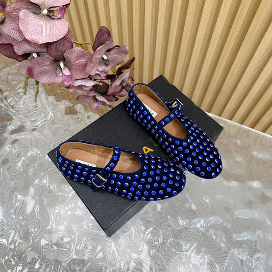 STRASS SUEDE BALLET FLATS NAVY BLUE - 35
