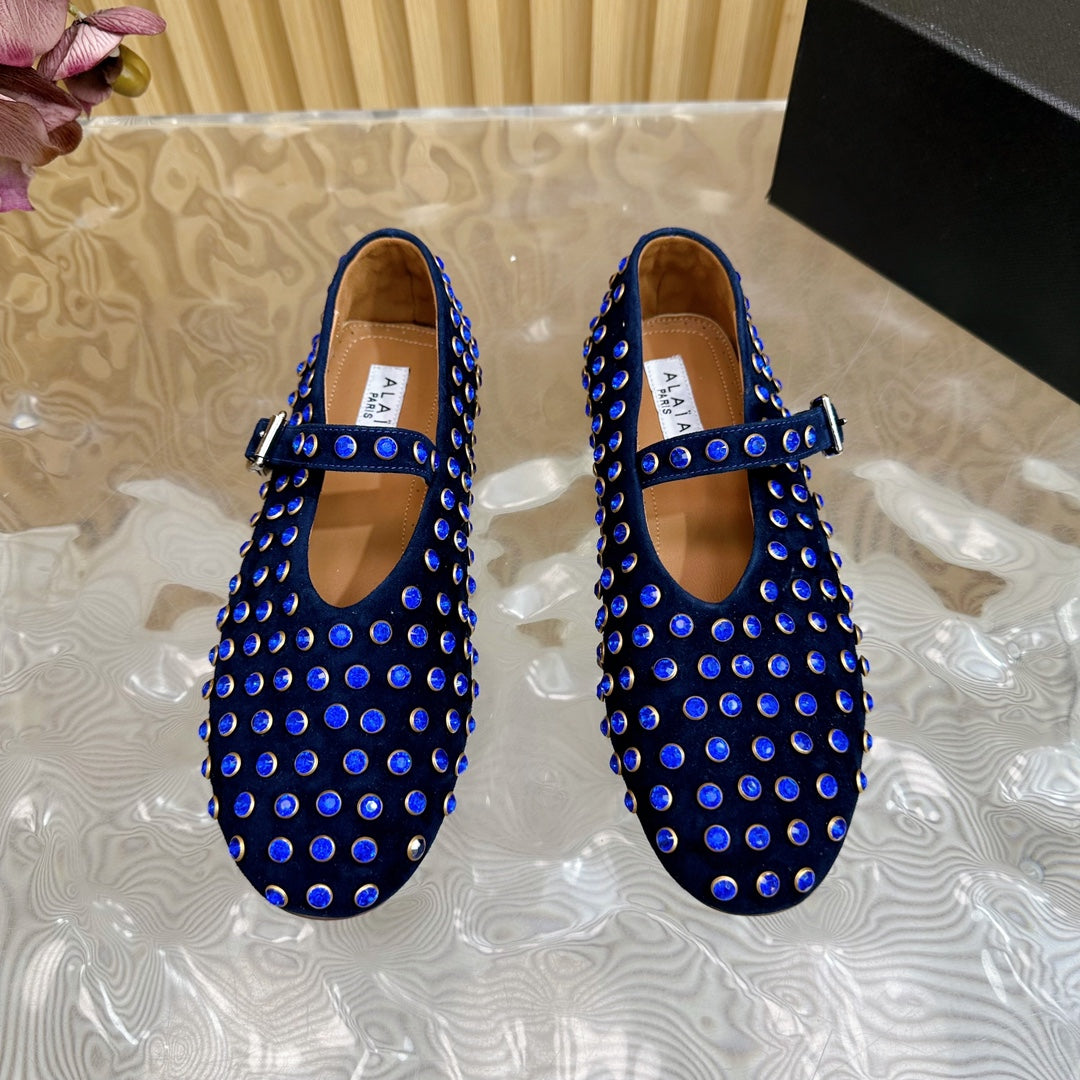 STRASS SUEDE BALLET FLATS NAVY BLUE - 35