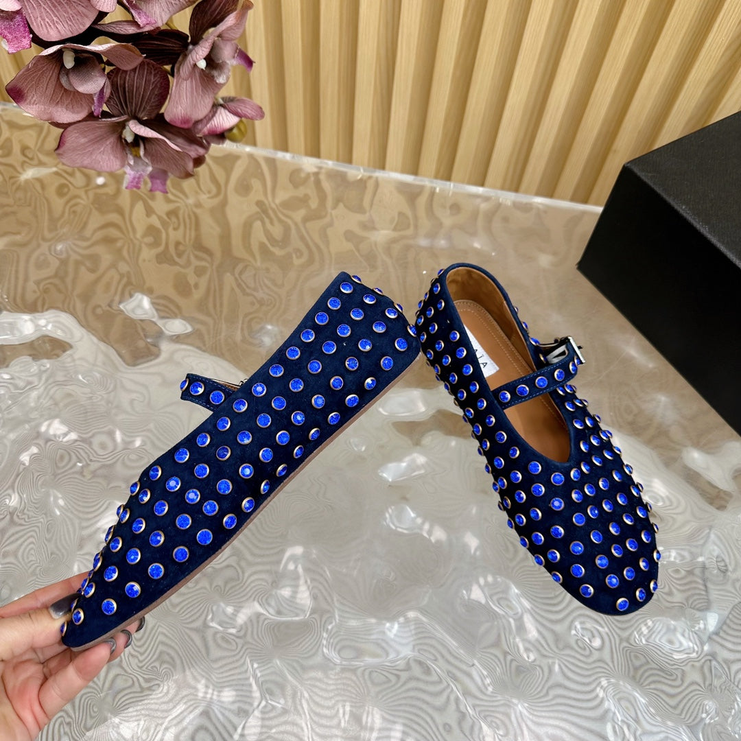 STRASS SUEDE BALLET FLATS NAVY BLUE - 35