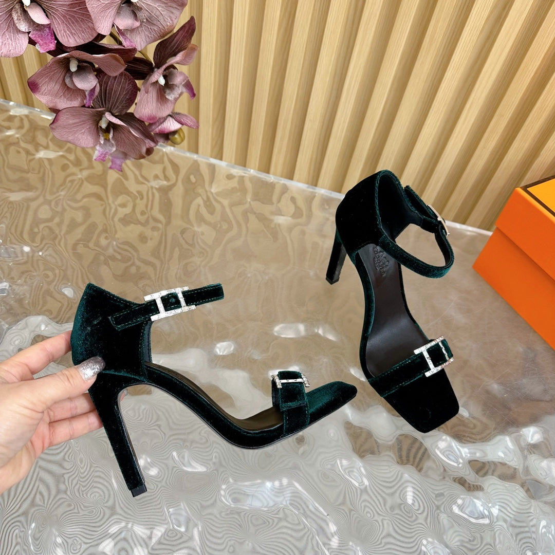 JULY SANDAL 105 MM IN TEAL GREEN VELVET - 35
