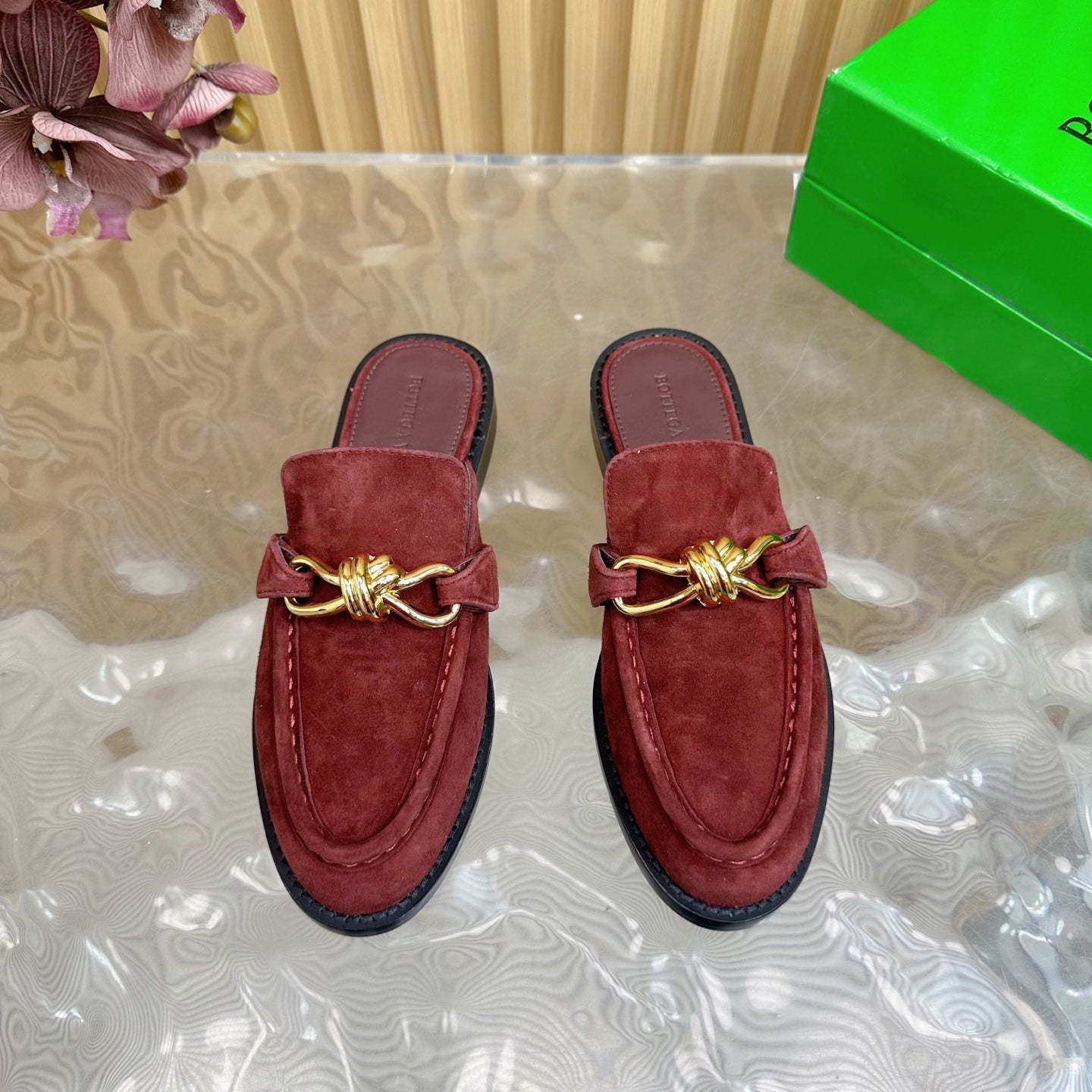 OPEN-BACK LOAFER REALISED IN GARNET RED SUEDE WITH SIGNATURE METALLIC KNOT DETAIL - 35