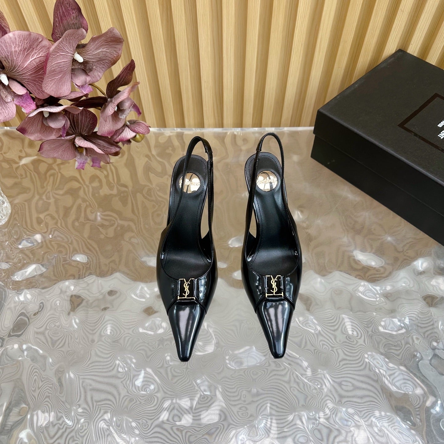 BABYLONE SLINGBACK PUMPS IN BLACK GLOSSY CALFSKIN - 35