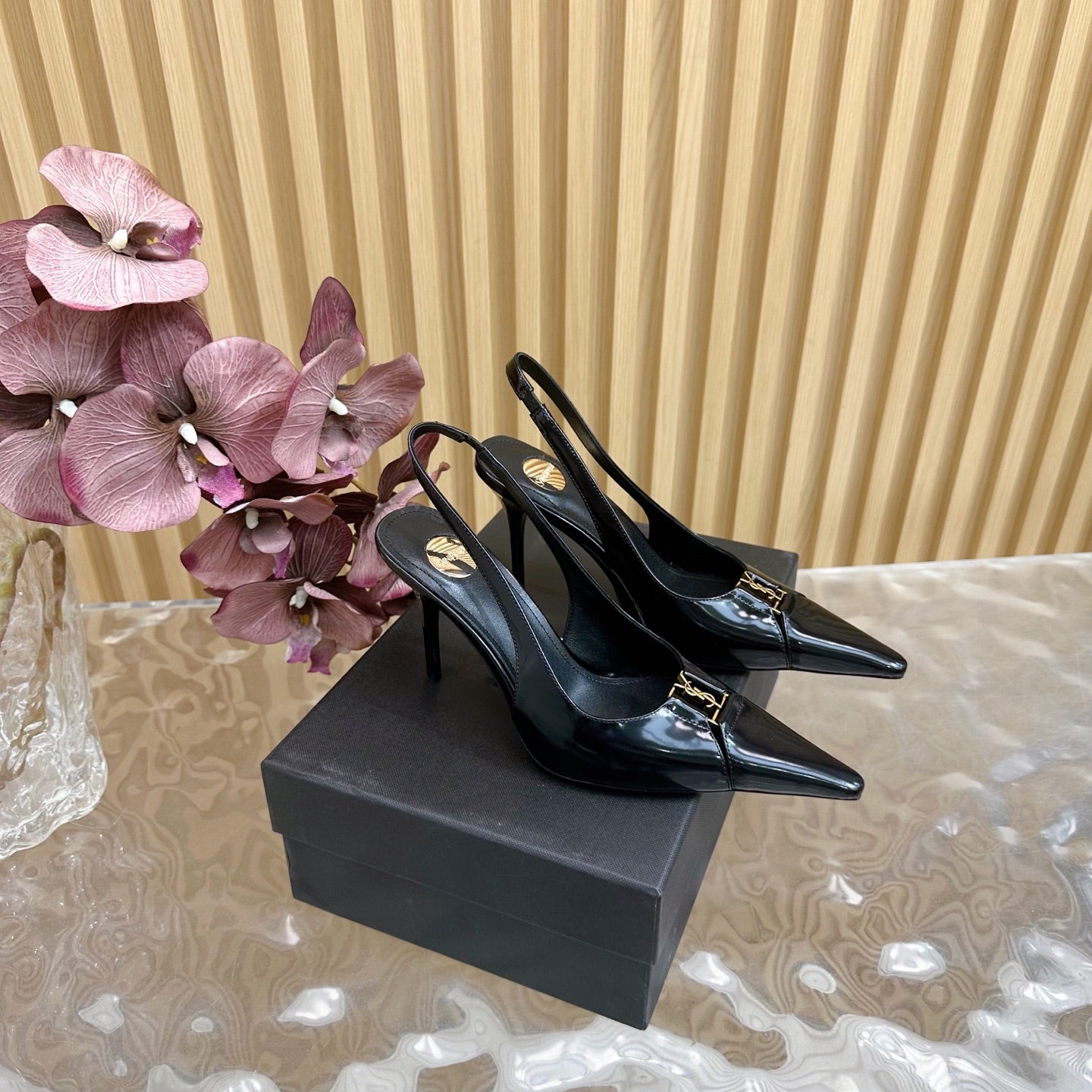 BABYLONE SLINGBACK PUMPS IN BLACK GLOSSY CALFSKIN - 35