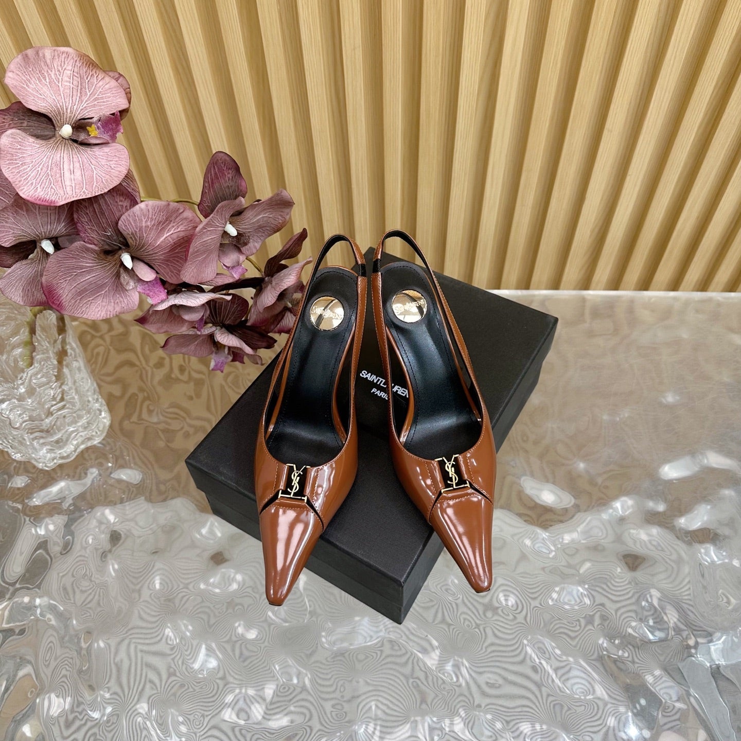 BABYLONE SLINGBACK PUMPS IN BRONZE ORANGE GLOSSY CALFSKIN - 35