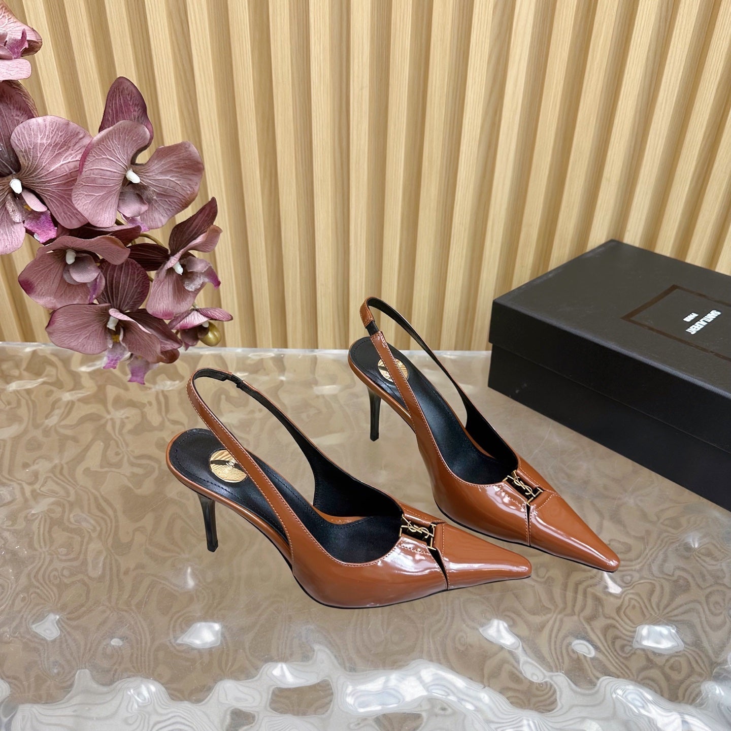BABYLONE SLINGBACK PUMPS IN BRONZE ORANGE GLOSSY CALFSKIN - 35