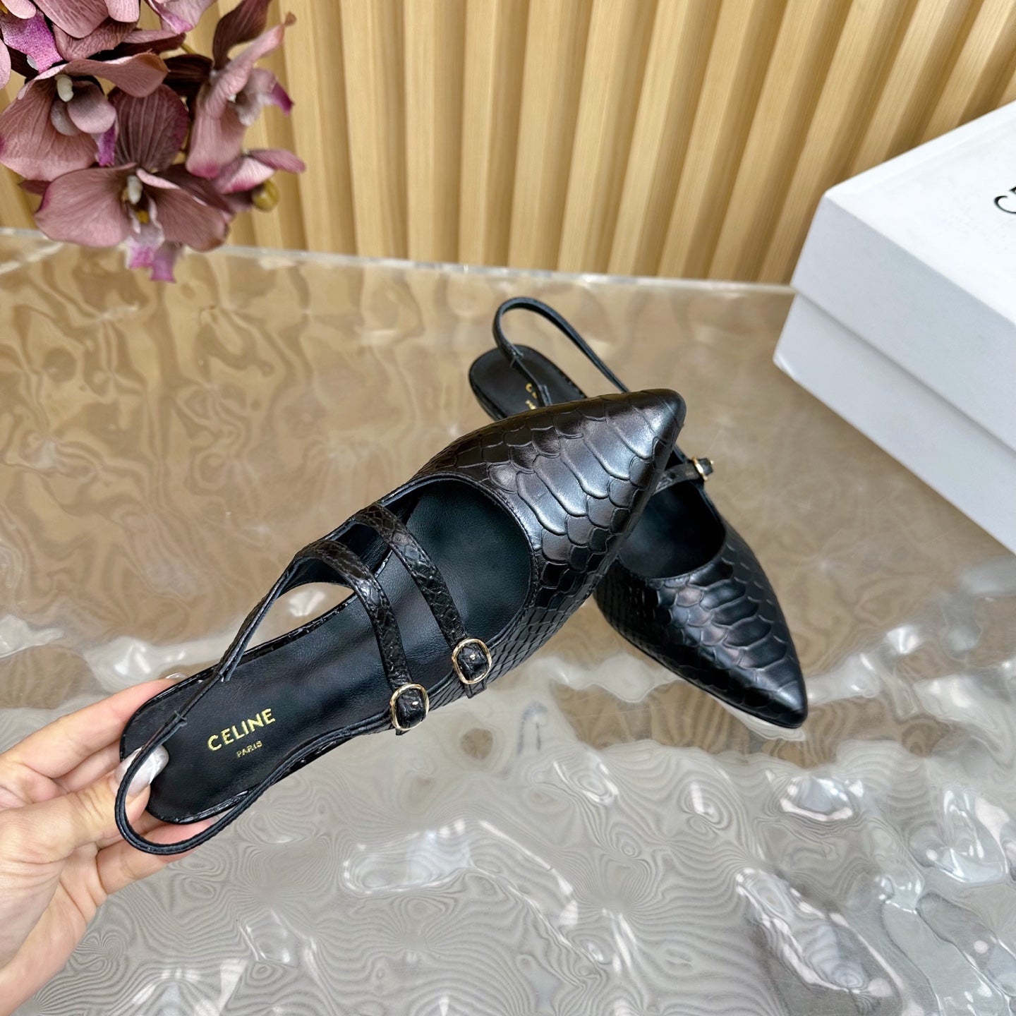 JUDY DOUBLE STRAP MARY JANE SLINGBACK 35MM IN BLACK SNAKE EMBOSSED CALFSKIN - 35