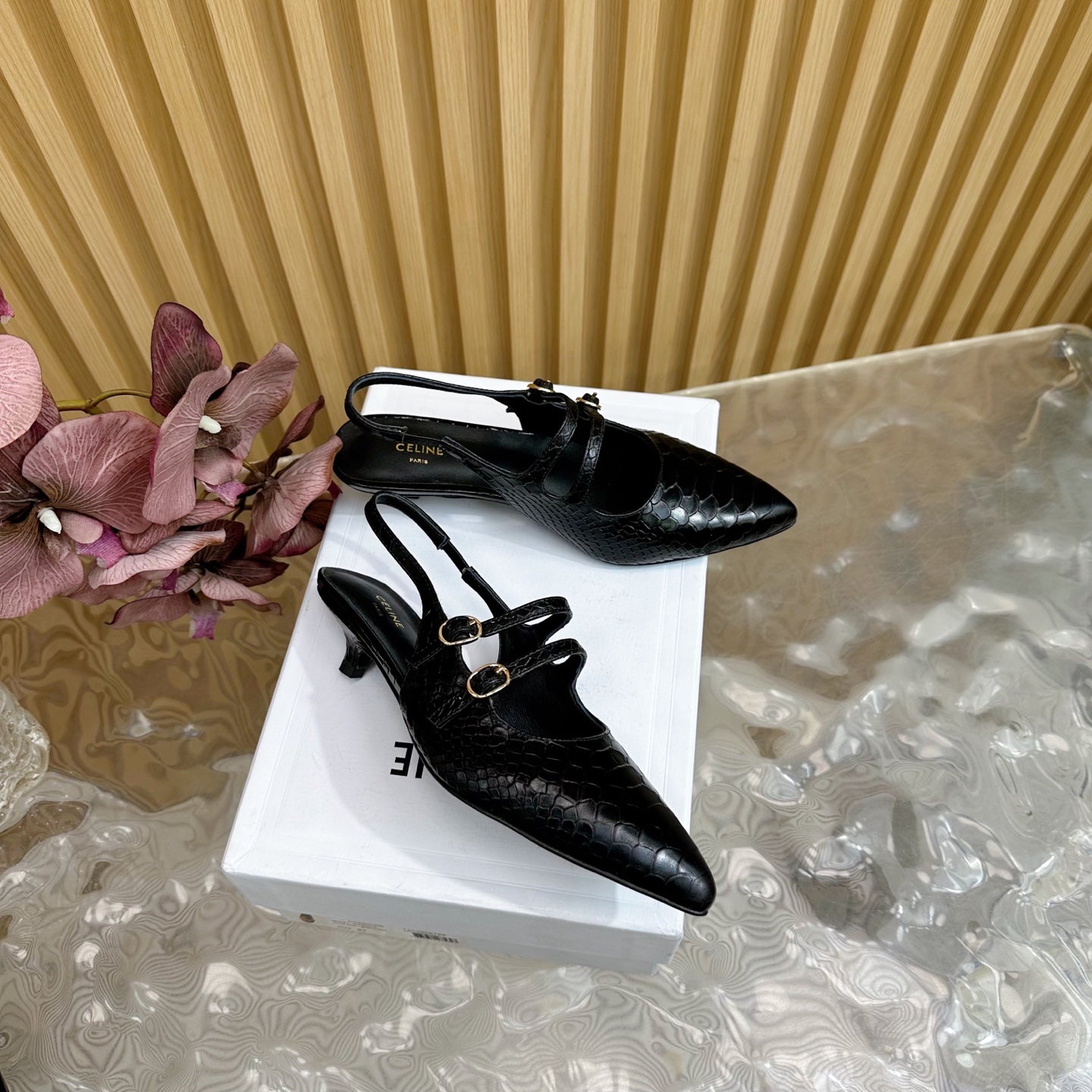 JUDY DOUBLE STRAP MARY JANE SLINGBACK 35MM IN BLACK SNAKE EMBOSSED CALFSKIN - 35