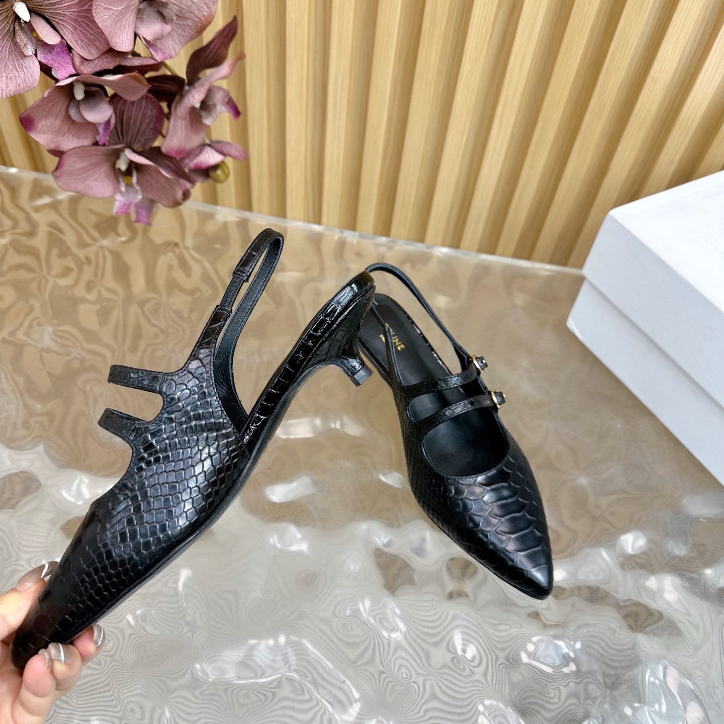 JUDY DOUBLE STRAP MARY JANE SLINGBACK 35MM IN BLACK SNAKE EMBOSSED CALFSKIN - 35