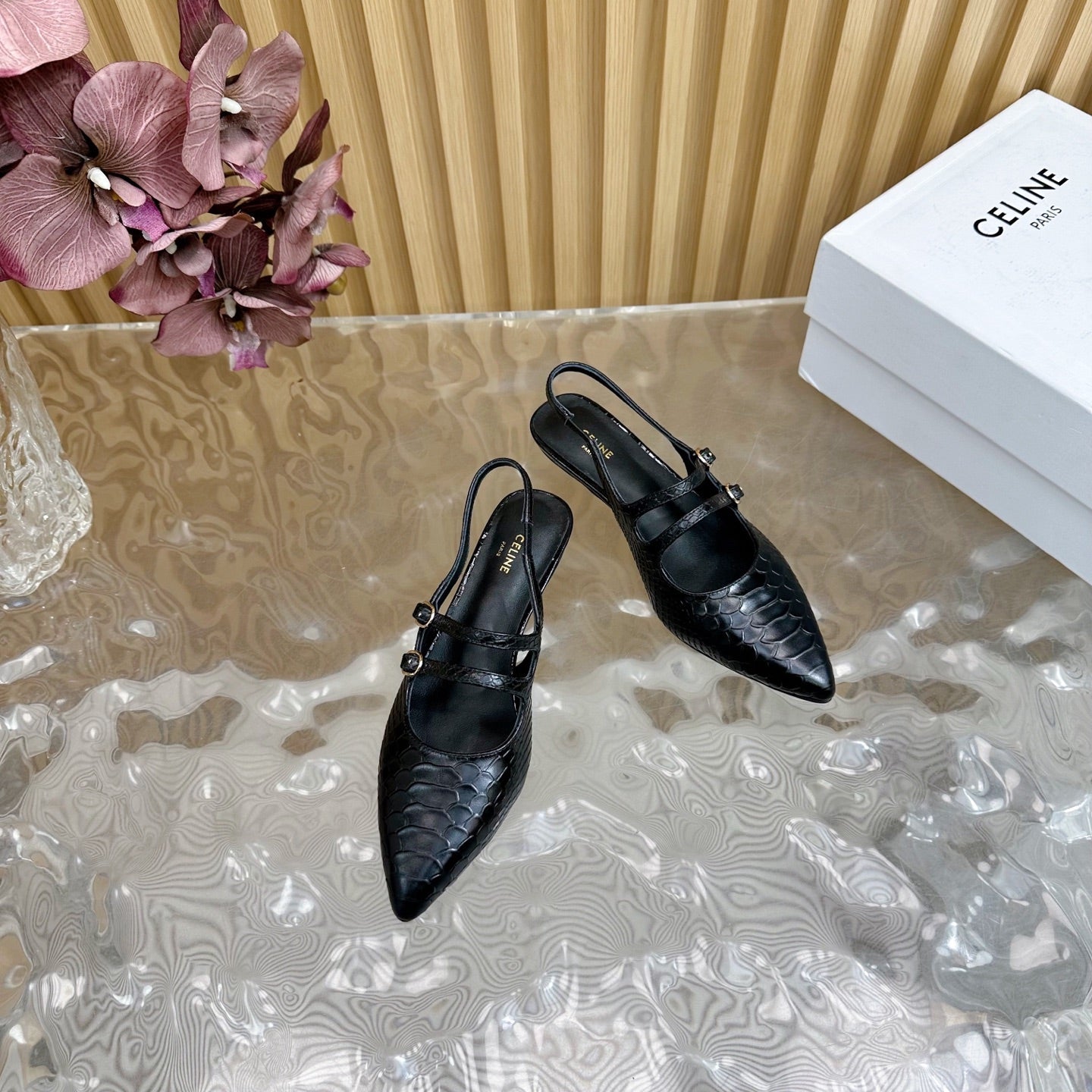 JUDY DOUBLE STRAP MARY JANE SLINGBACK 35MM IN BLACK SNAKE EMBOSSED CALFSKIN - 35