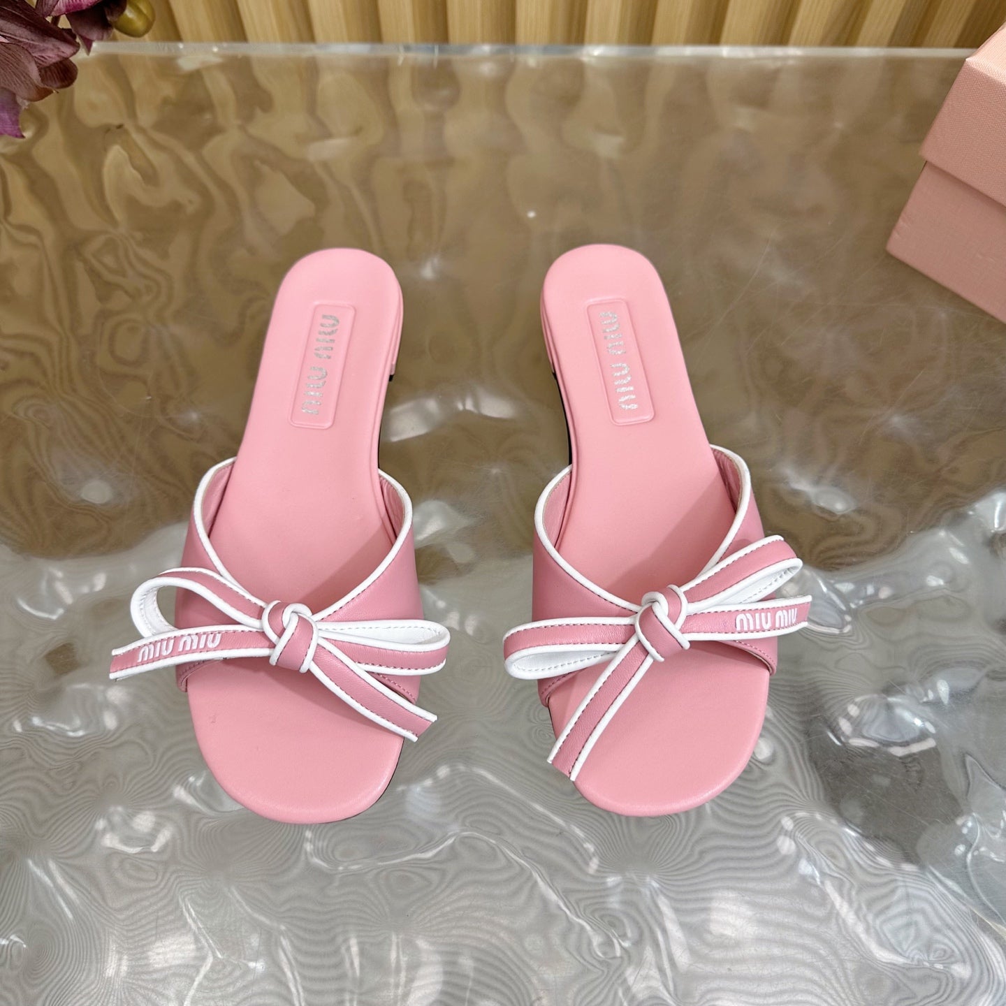 SLIDES SANDALS IN PINK CALFSKIN WITH BOW IN TRAP - 35