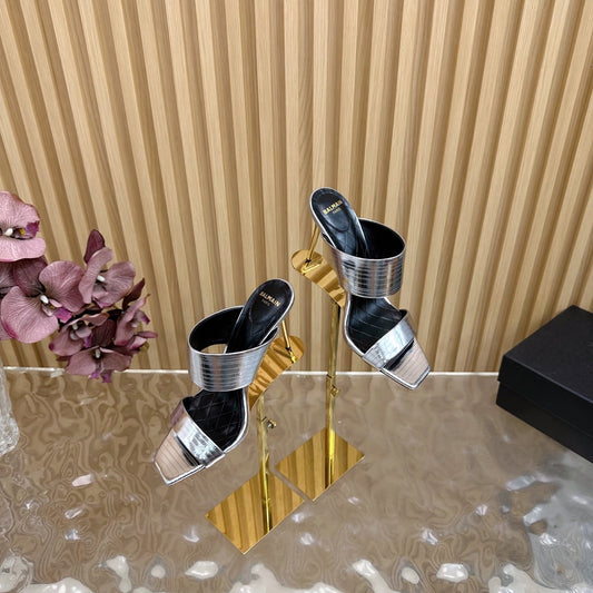 BALMAIN 25S MULES IN STRIPED LEATHER 95MM IN SILVER CALFSKIN - 35