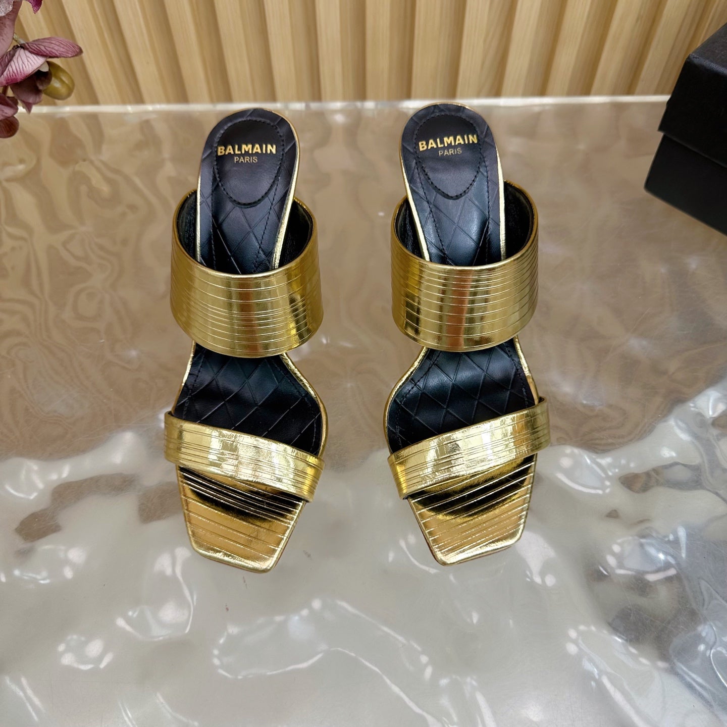 BALMAIN 25S MULES IN STRIPED LEATHER 95MM IN GOLD CALFSKIN - 35