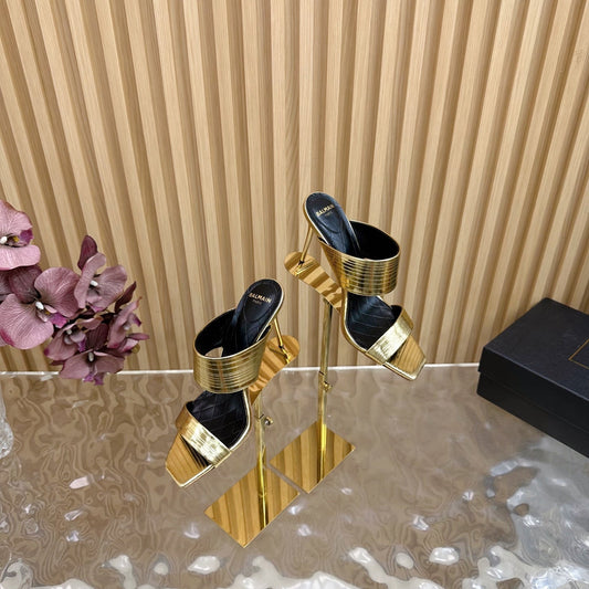 BALMAIN 25S MULES IN STRIPED LEATHER 95MM IN GOLD CALFSKIN - 35