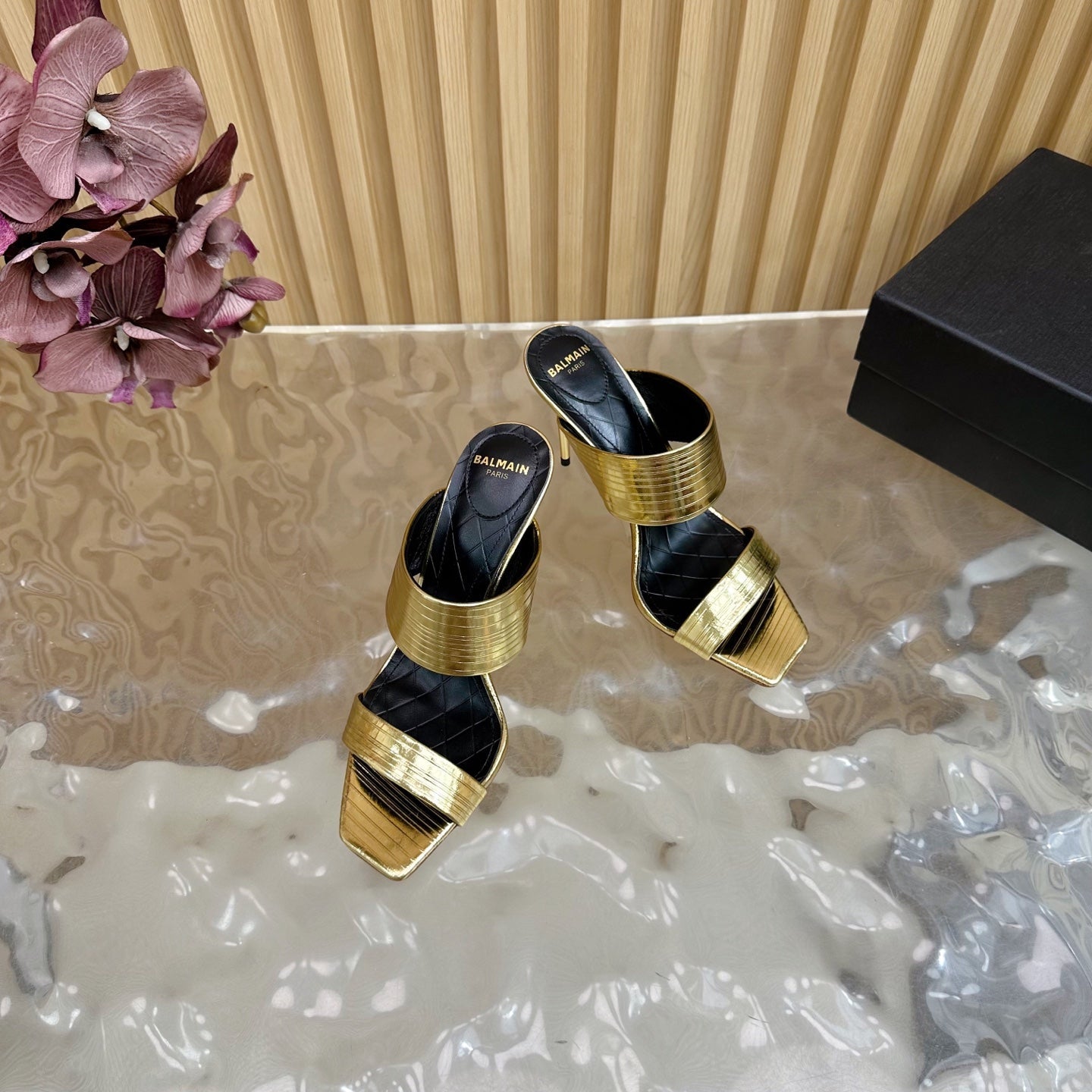 BALMAIN 25S MULES IN STRIPED LEATHER 95MM IN GOLD CALFSKIN - 35