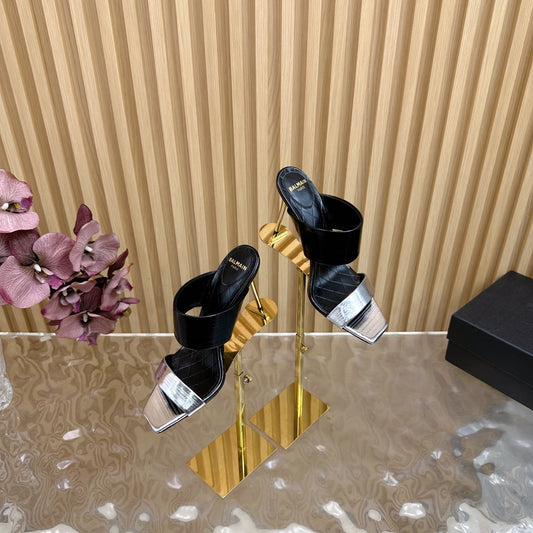 BALMAIN 25S MULES IN STRIPED LEATHER 95MM IN BLACK AND SILVER CALFSKIN - 35