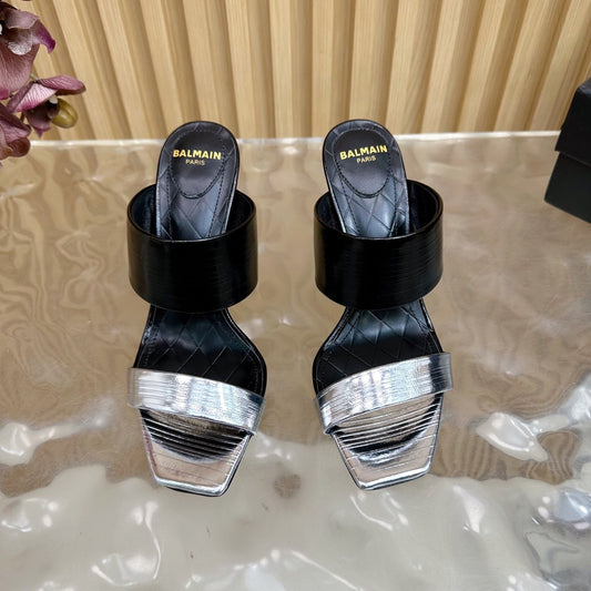 BALMAIN 25S MULES IN STRIPED LEATHER 95MM IN BLACK AND SILVER CALFSKIN - 35
