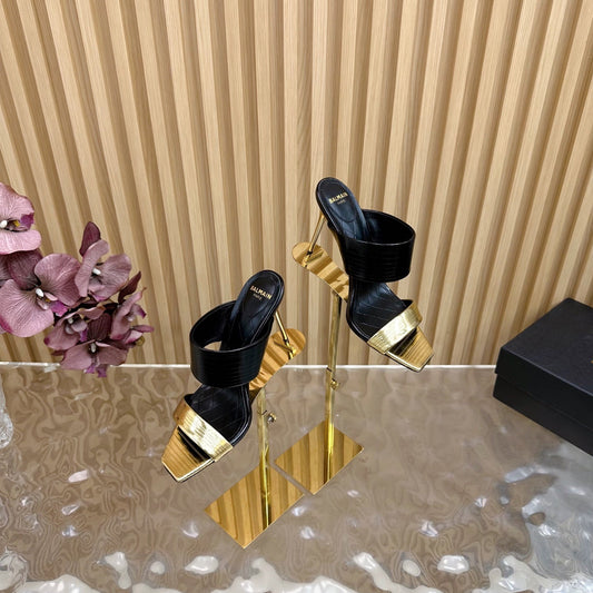 BALMAIN 25S MULES IN STRIPED LEATHER 95MM IN BLACK AND GOLD CALFSKIN - 35