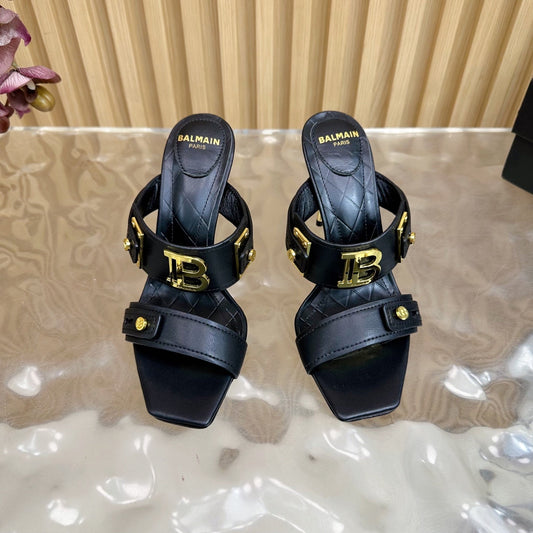 BALMAIN 25S MULES IN STRIPED LEATHER 95MM IN BLACK CALFSKIN GOLD HARDWARE - 35