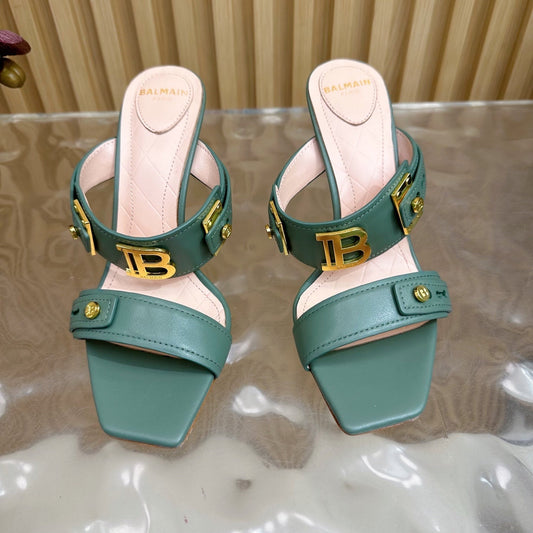 BALMAIN 25S MULES IN STRIPED LEATHER 95MM IN DUSTY GREEN CALFSKIN GOLD HARDWARE - 35