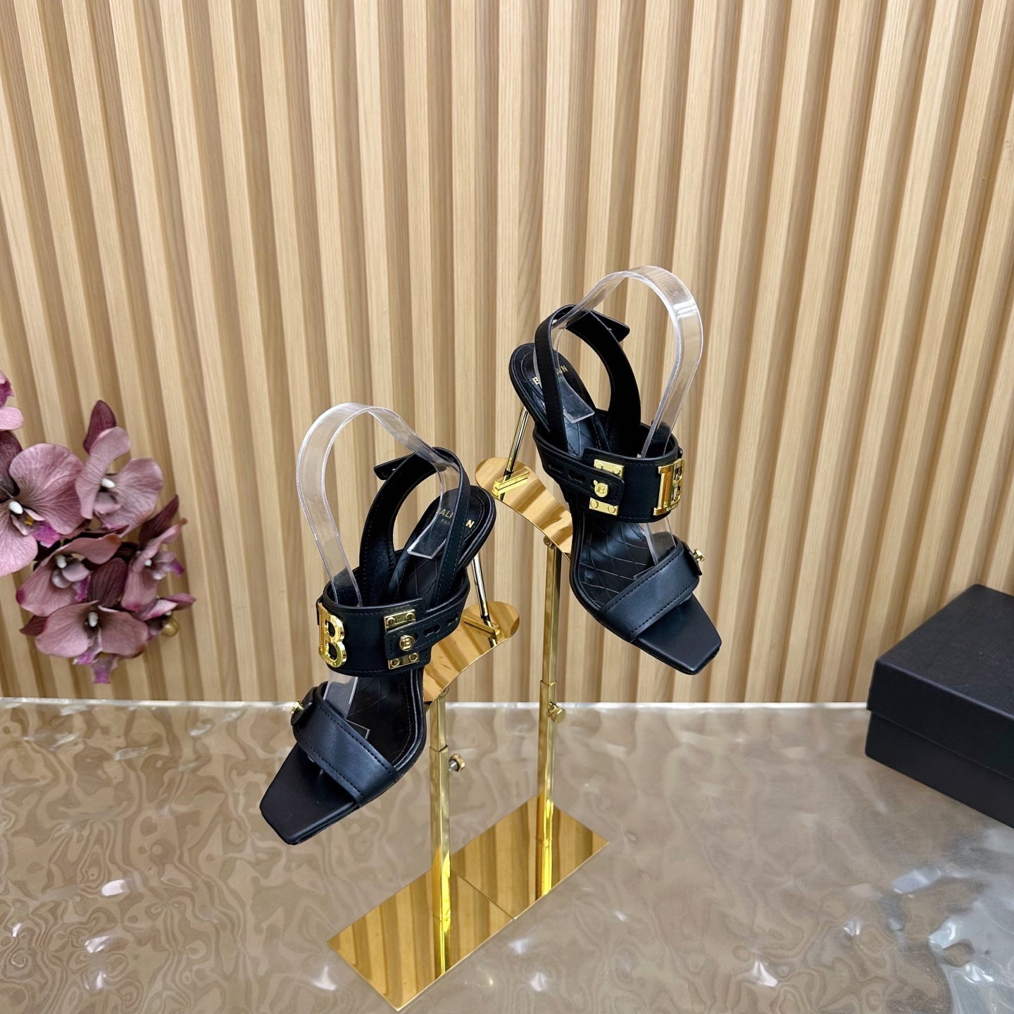 BALMAIN 25S RHINESTONE STILETTO SANDALS 95MM IN BLACK CALFSKIN - 35