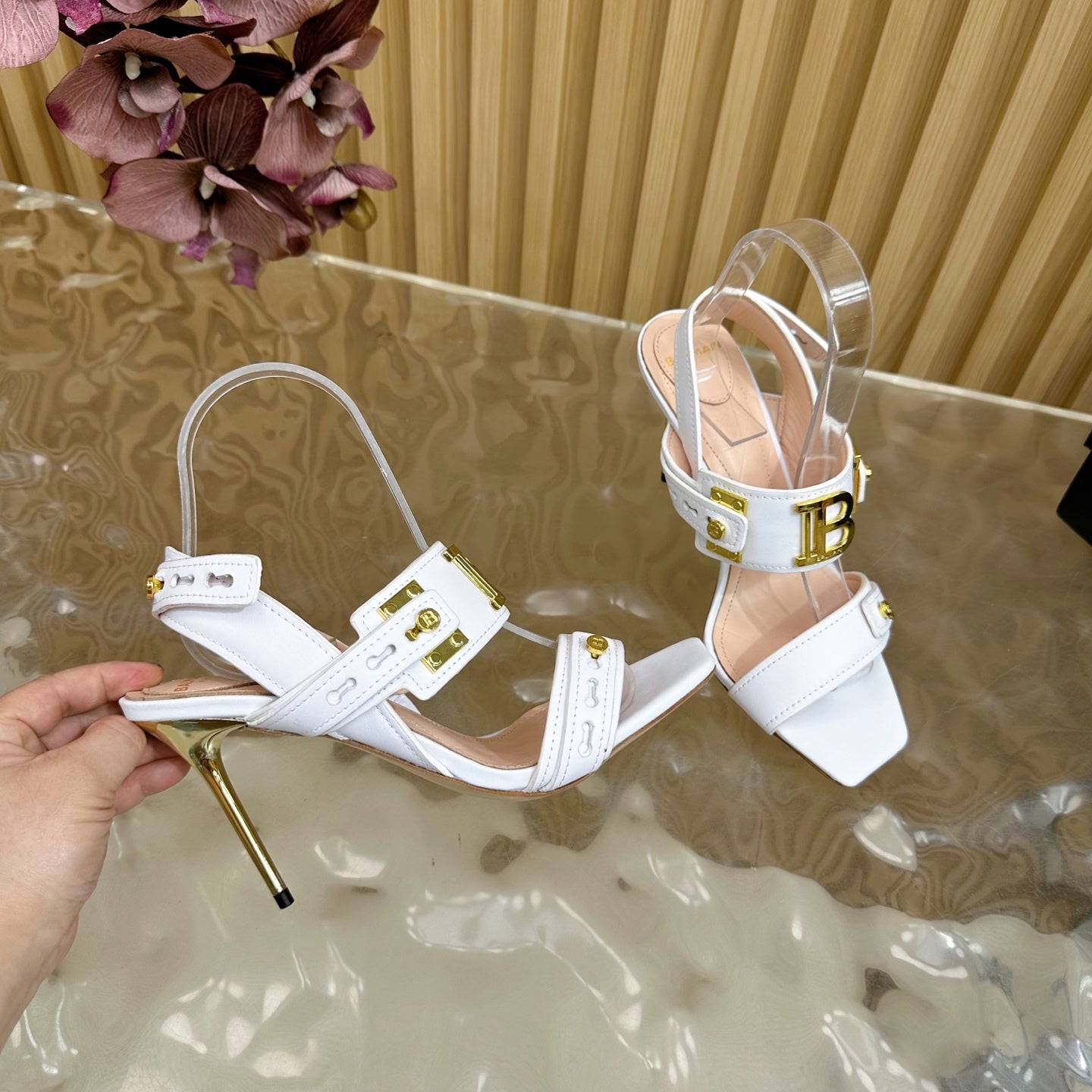 BALMAIN 25S RHINESTONE STILETTO SANDALS 95MM IN WHITE CALFSKIN - 35