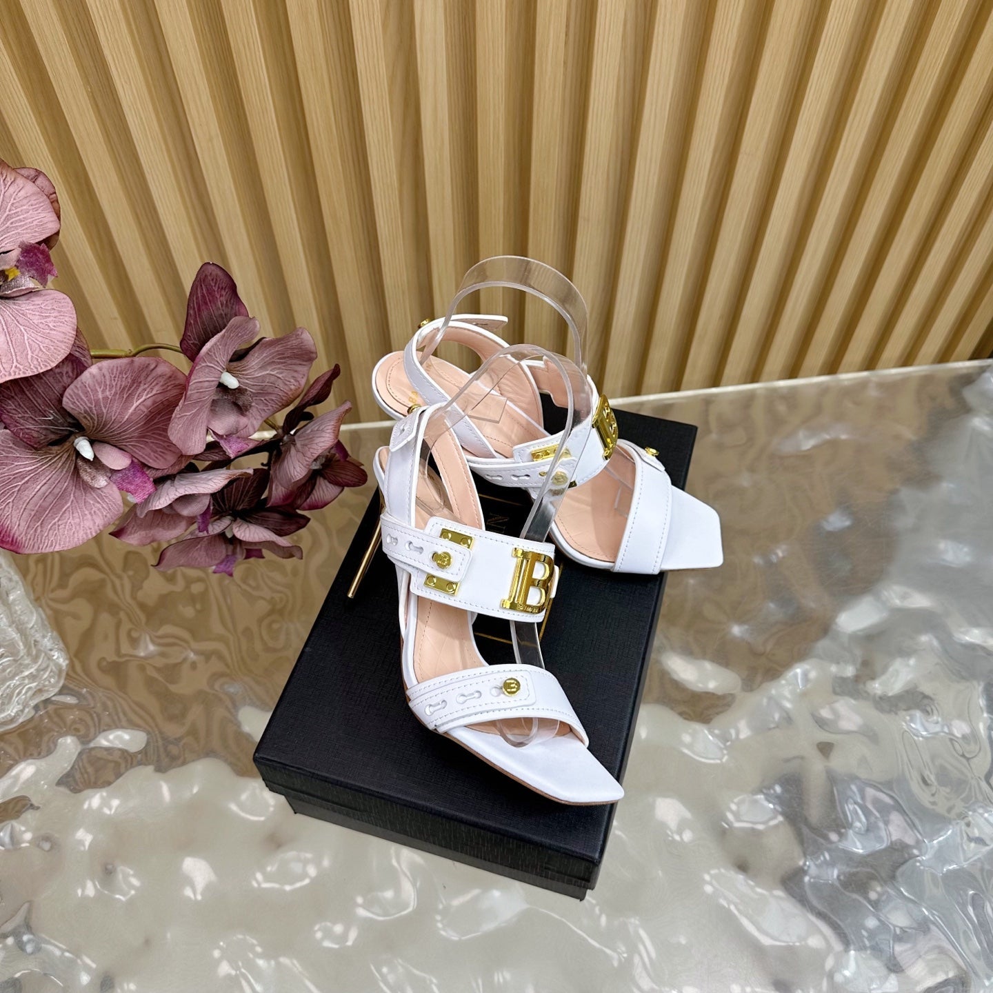 BALMAIN 25S RHINESTONE STILETTO SANDALS 95MM IN WHITE CALFSKIN - 35