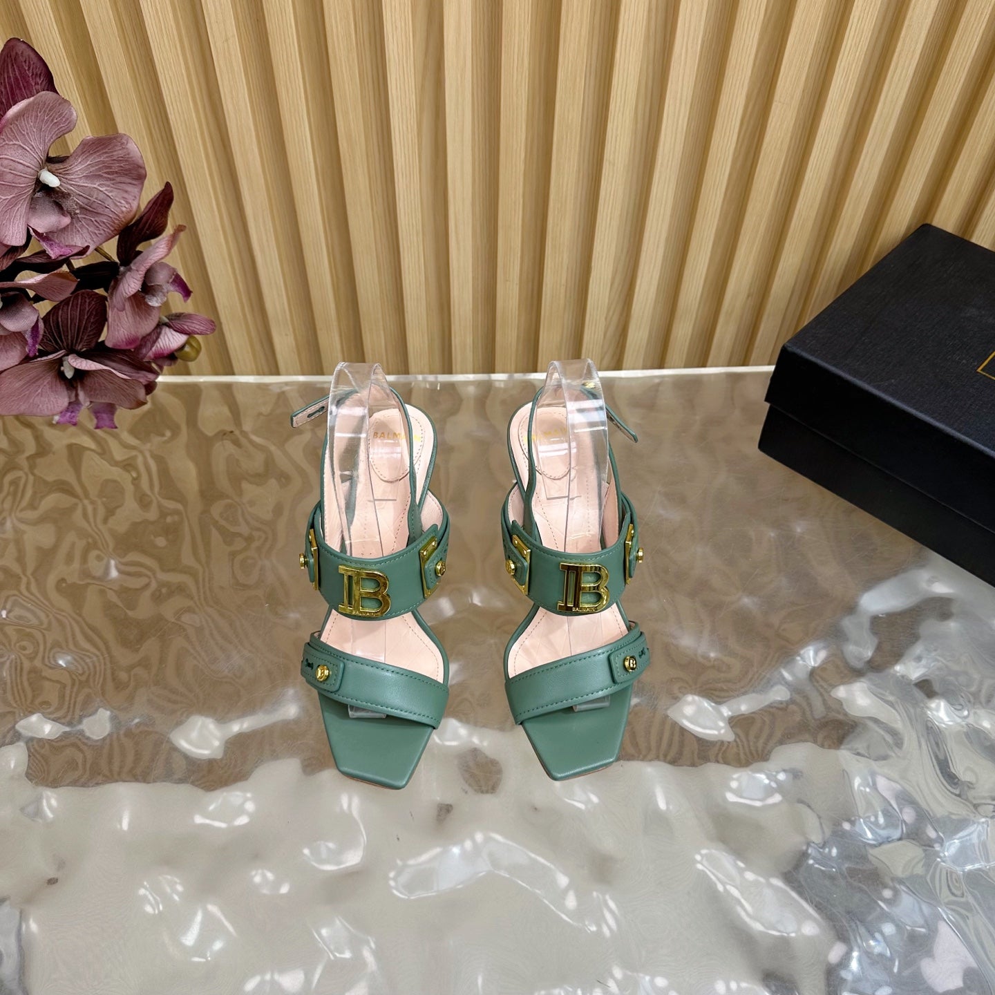 BALMAIN 25S RHINESTONE STILETTO SANDALS 95MM IN DUSTY GREEN CALFSKIN - 35