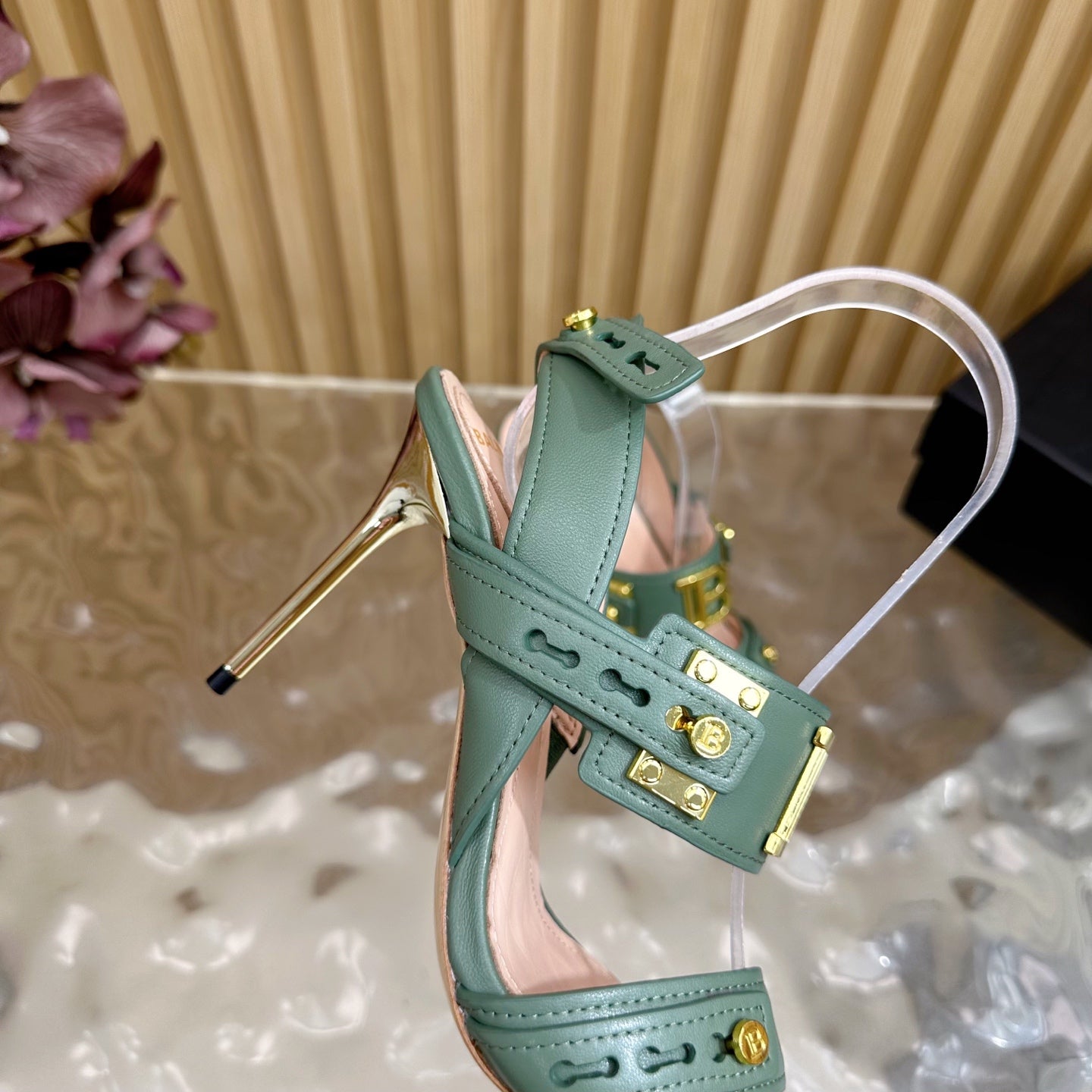 BALMAIN 25S RHINESTONE STILETTO SANDALS 95MM IN DUSTY GREEN CALFSKIN - 35