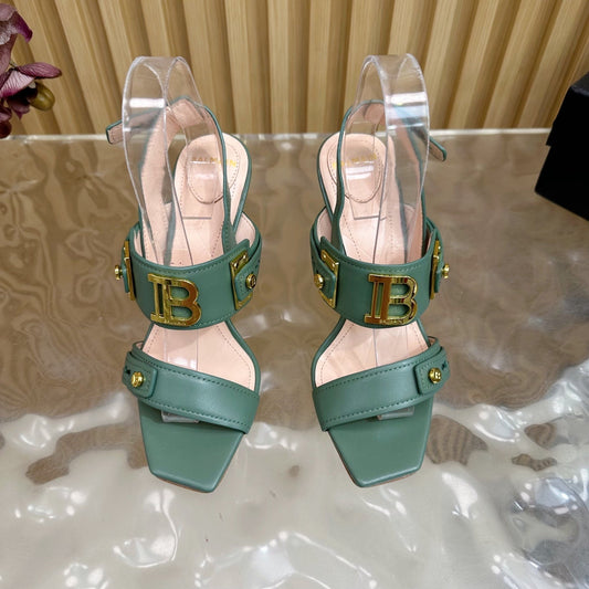 BALMAIN 25S RHINESTONE STILETTO SANDALS 95MM IN DUSTY GREEN CALFSKIN - 35