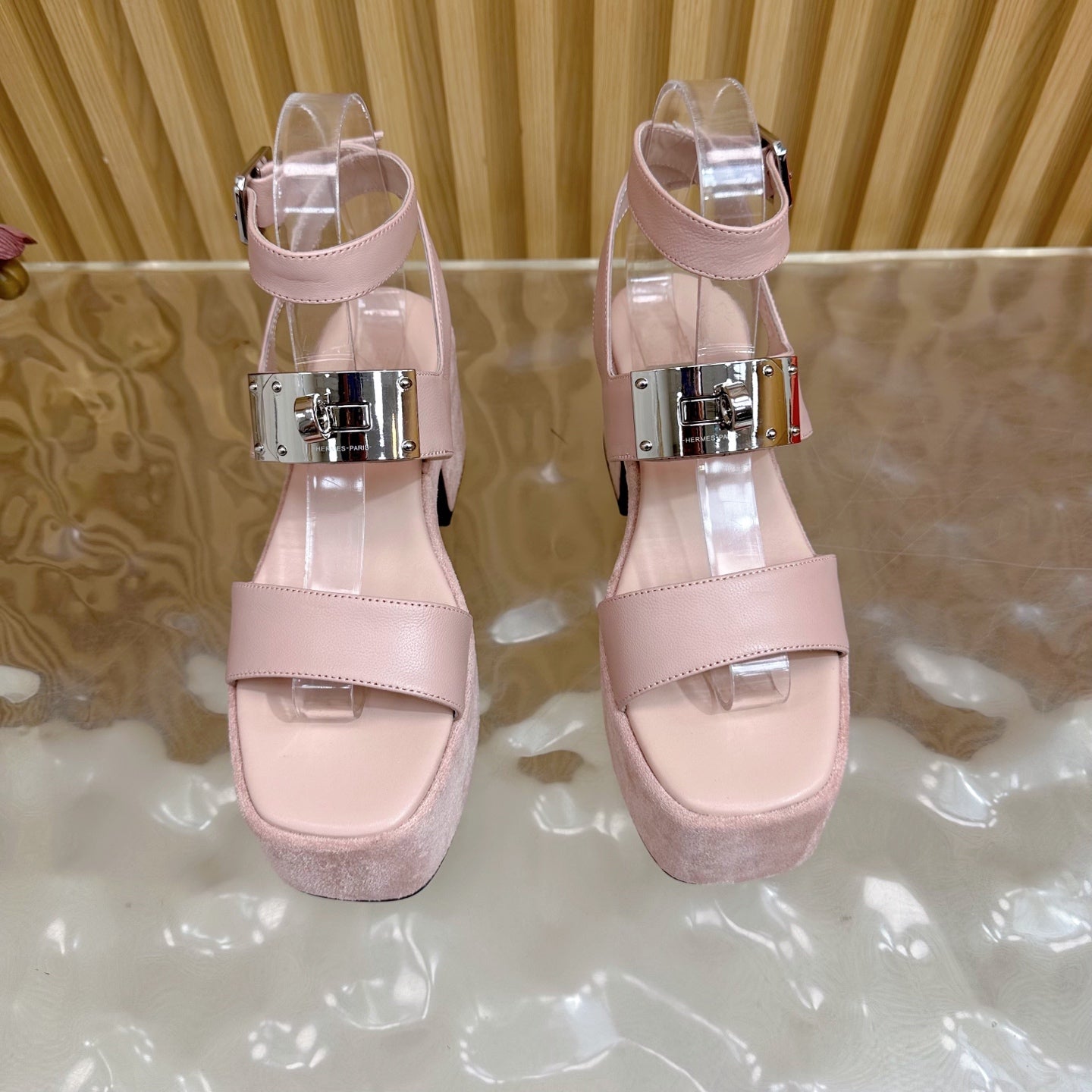 HM 25S CLASSIC WEDGE SANDALS 70 MM IN LIGHT PINK LAMBSKIN WITH SILVER HARDWARE - 35