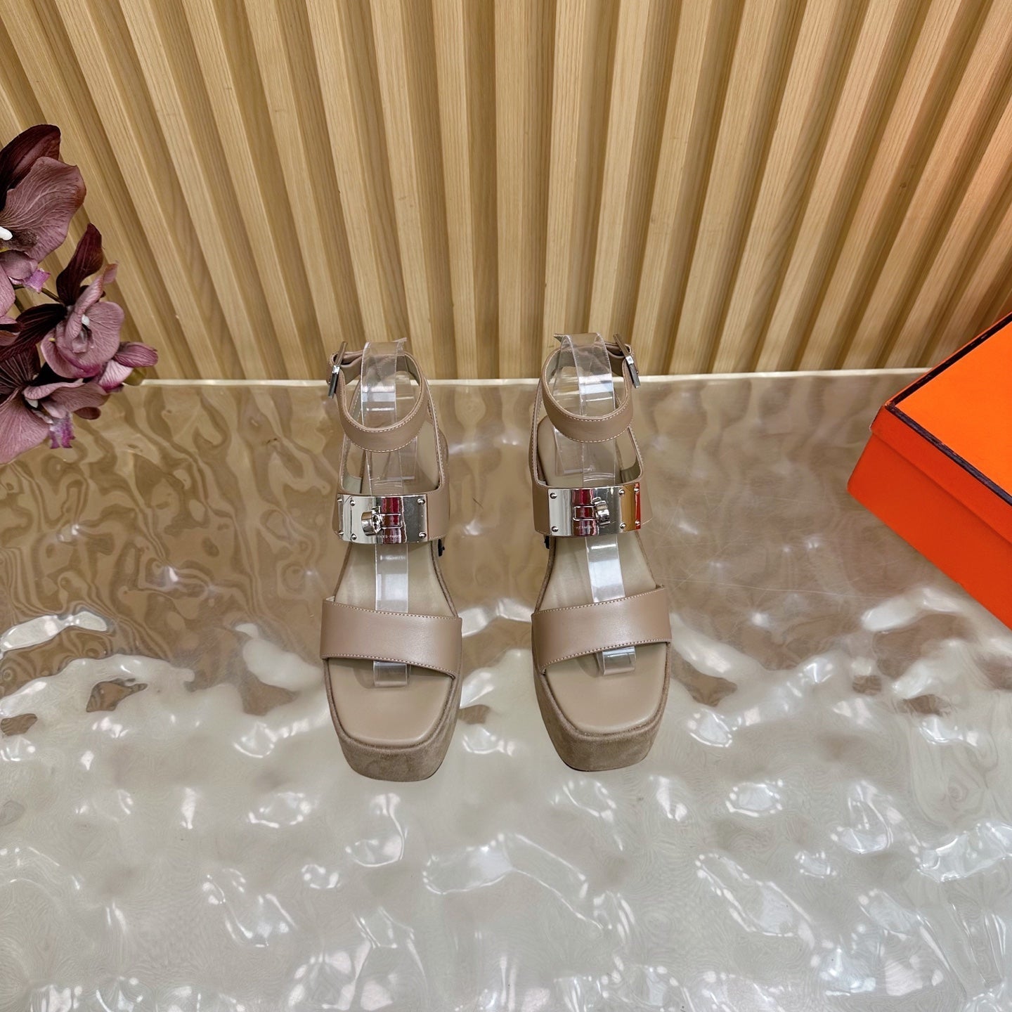 HM 25S CLASSIC WEDGE SANDALS 70 MM IN TAUPE BEIGE LAMBSKIN WITH SILVER HARDWARE - 35