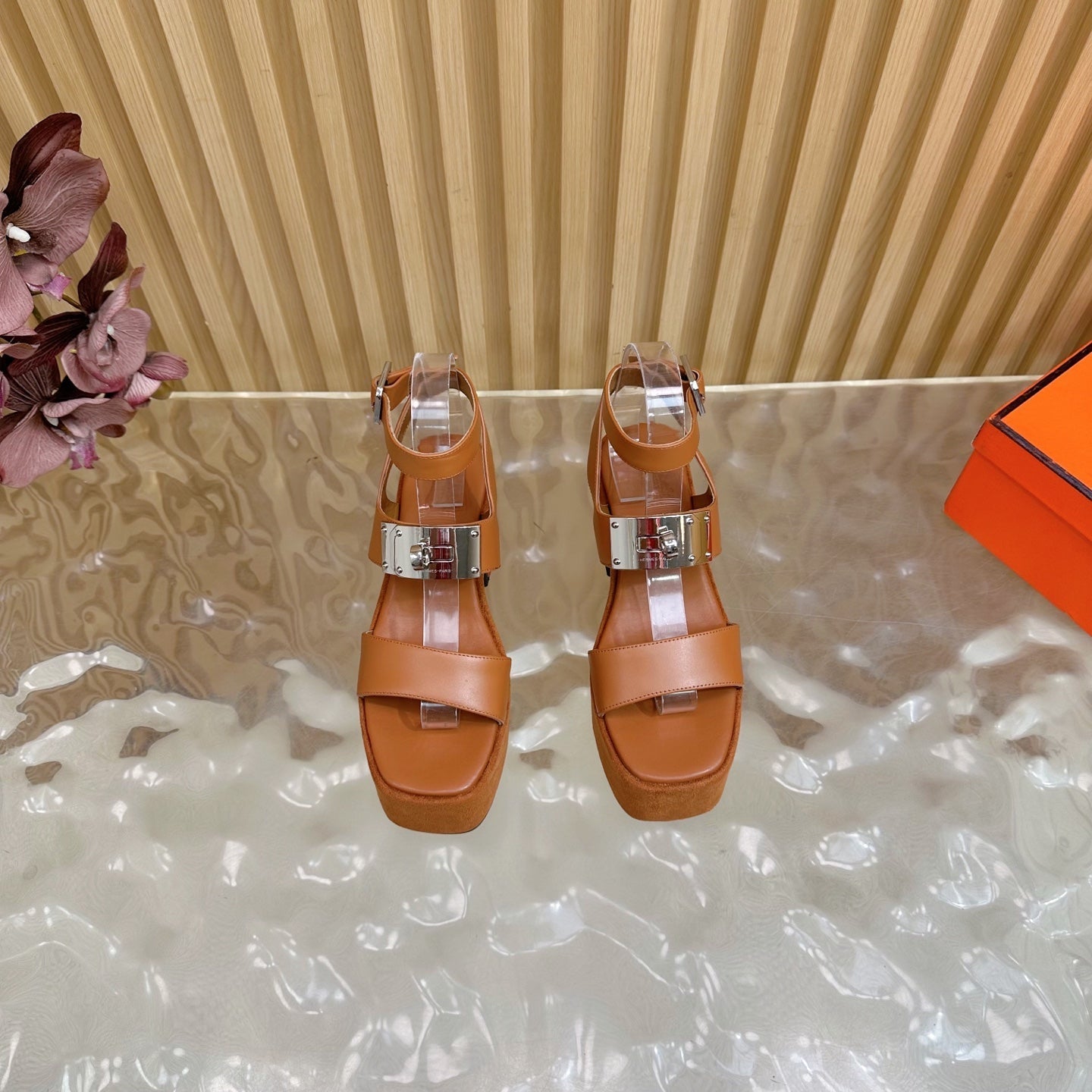 HM 25S CLASSIC WEDGE SANDALS 70 MM IN BROWN LAMBSKIN WITH SILVER HARDWARE - 35
