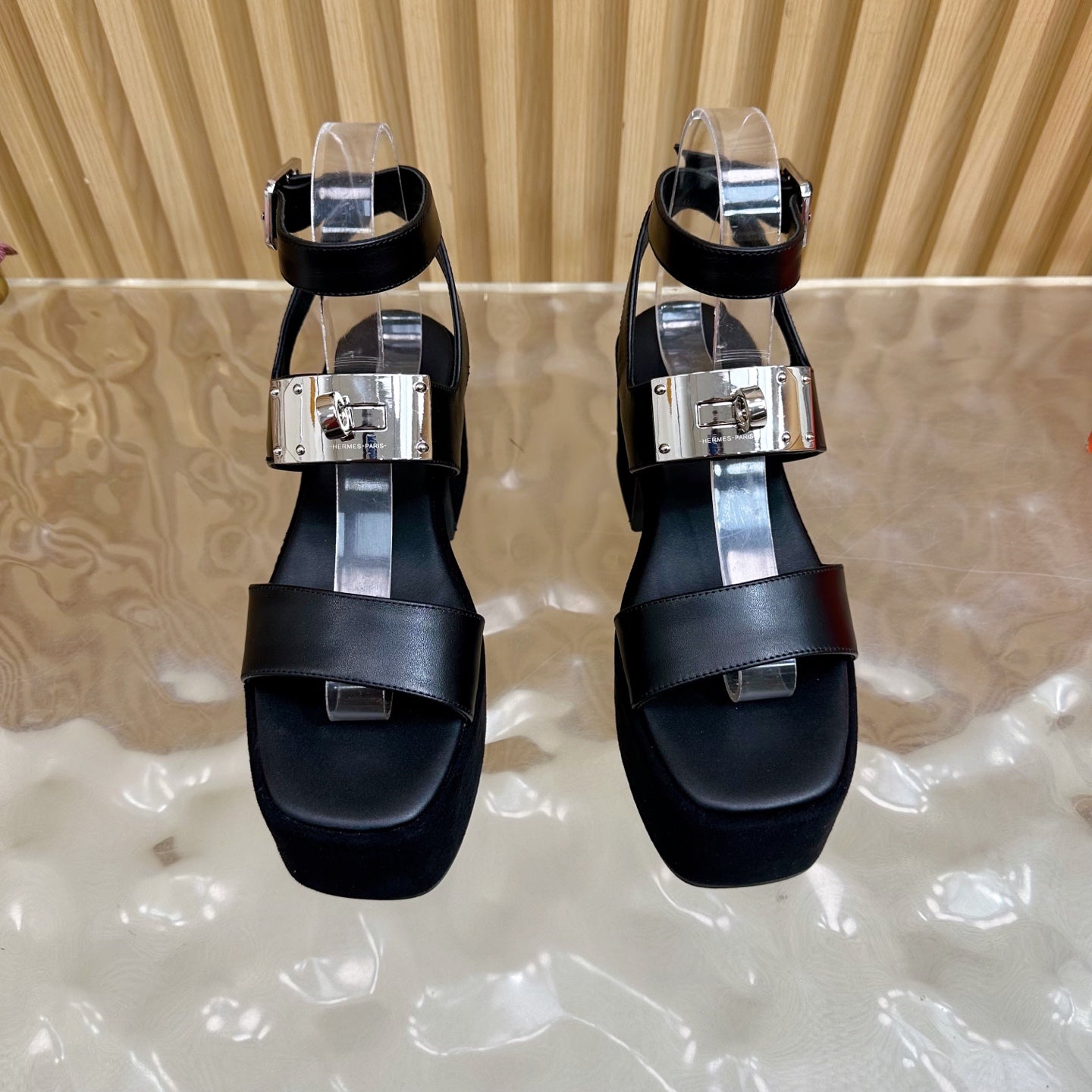HM 25S CLASSIC WEDGE SANDALS 70 MM IN BLACK LAMBSKIN WITH SILVER HARDWARE - 35