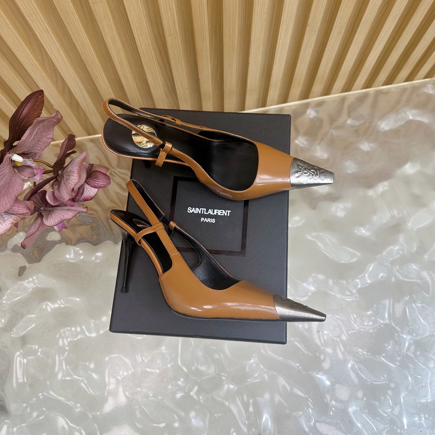 YSL 25S HIGH-HEEL SLINGBACKS 85 MM IN CAMEL BROWN LAMBSKIN AND SILVER HARDWARE - 35