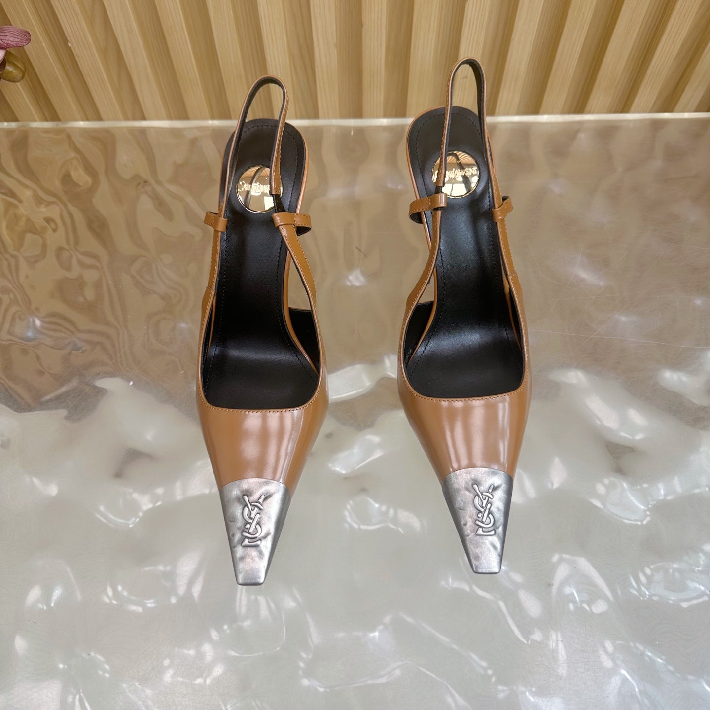 YSL 25S HIGH-HEEL SLINGBACKS 105 MM IN CAMEL BROWN LAMBSKIN AND SILVER HARDWARE - 35